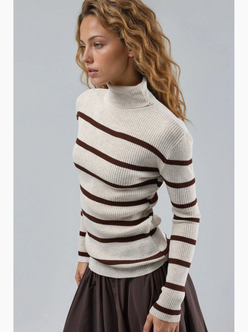 Camisola de gola alta canelada às riscas ajustada my fashion - Kiabi Camisola de gola alta canelada às riscas ajustada my fashion - Kiabi
