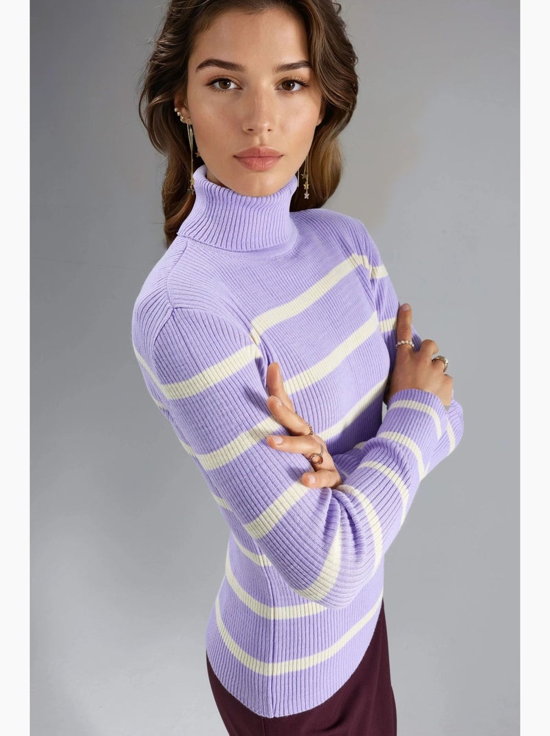 Camisola de gola alta canelada às riscas ajustada my fashion Lavanda - Kiabi