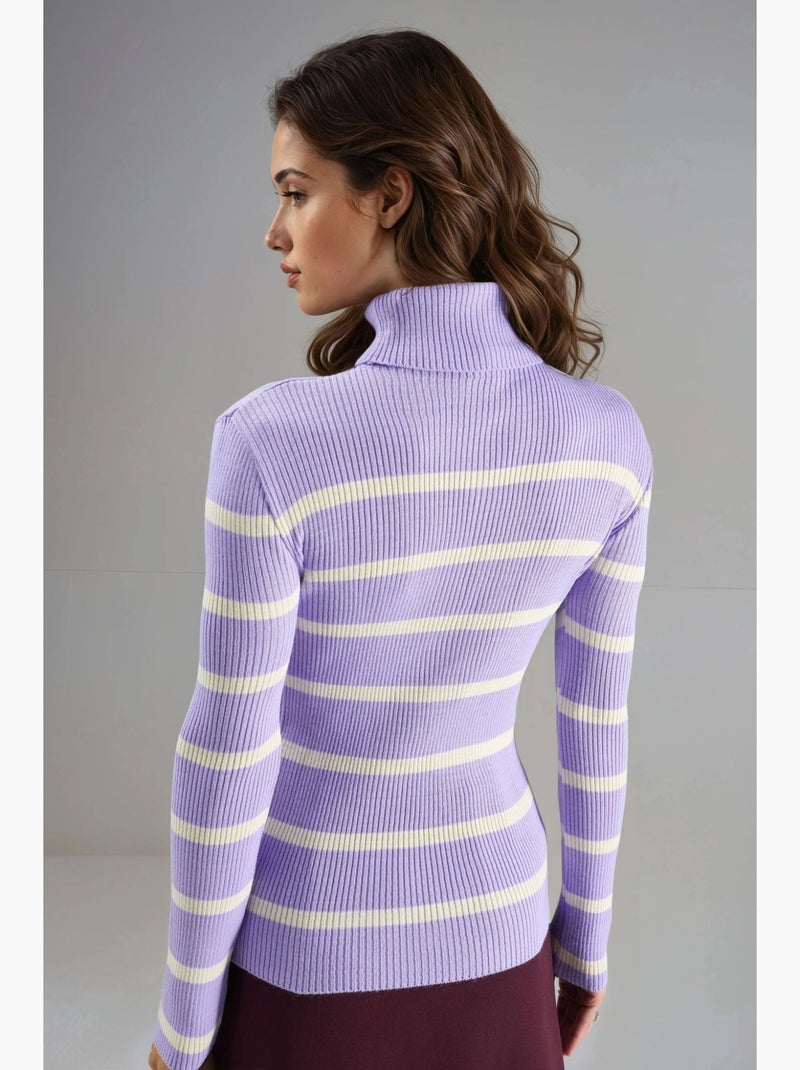 Camisola de gola alta canelada às riscas ajustada my fashion Lavanda - Kiabi