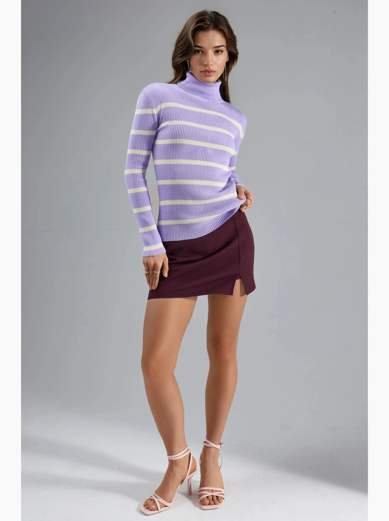 Camisola de gola alta canelada às riscas ajustada my fashion Lavanda - Kiabi