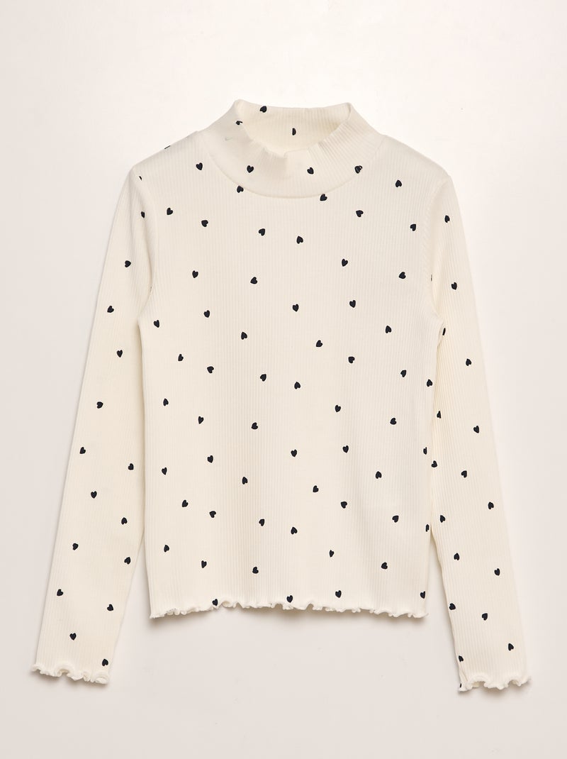 Camisola de gola alta canelada com estampado BRANCO - Kiabi
