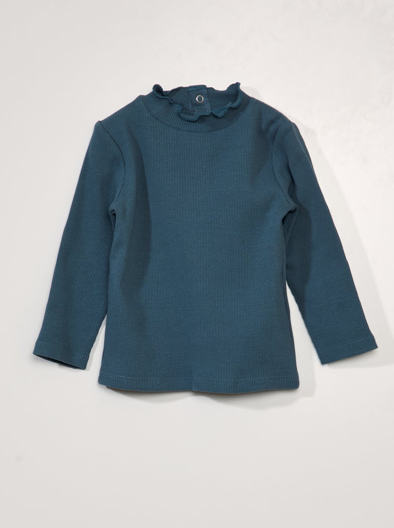 Camisola de gola alta canelada com meia-abertura atrás AZUL - Kiabi