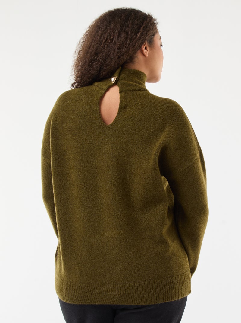 Camisola de gola alta com abertura e detalhe de joia nas costas Caqui - Kiabi