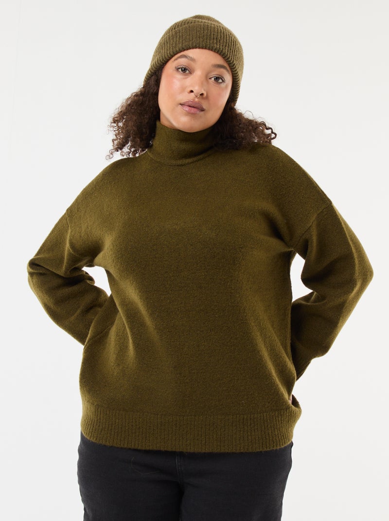 Camisola de gola alta com abertura e detalhe de joia nas costas Caqui - Kiabi