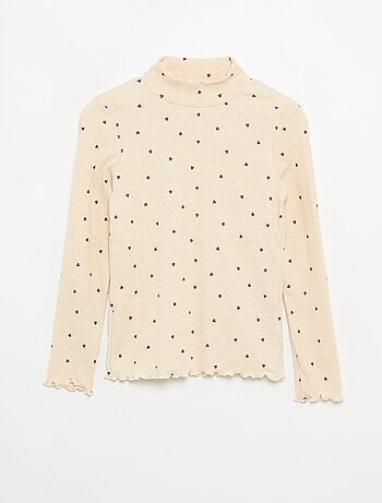 Camisola de gola alta de malha canelada estampada
