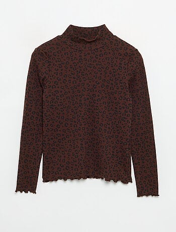 Camisola de gola alta de malha canelada estampada