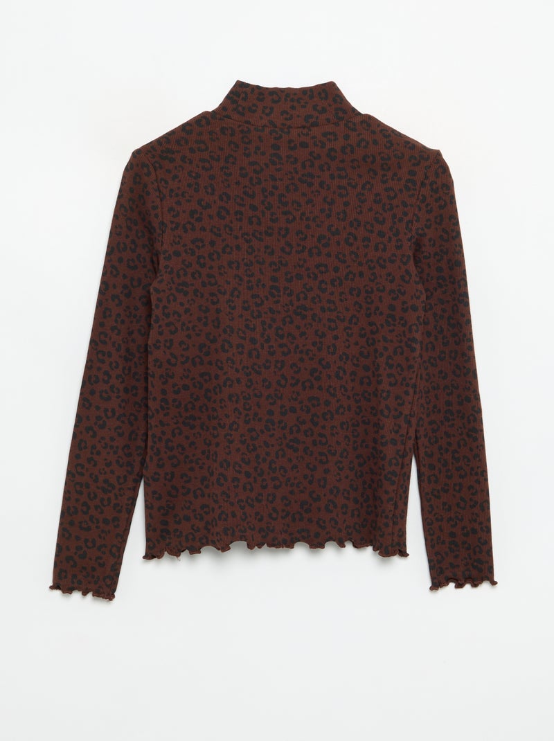 Camisola de gola alta de malha canelada estampada Castanho - Kiabi