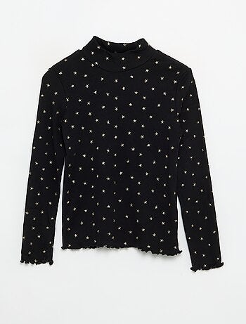 Camisola de gola alta de malha canelada estampada