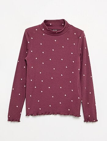 Camisola de gola alta de malha canelada estampada