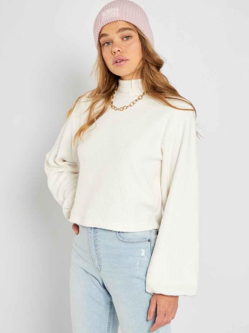 Camisola de gola alta de malha nervurada Branco - Kiabi