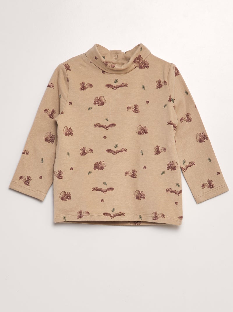 Camisola de gola alta em jersey com motivos BEGE - Kiabi