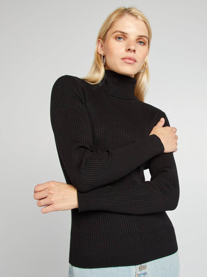 Camisola de gola alta em malha canelada Preto - Kiabi