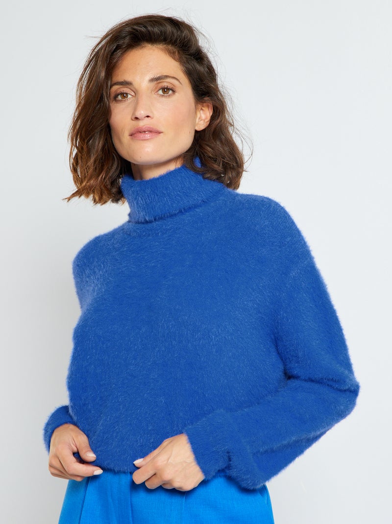 Camisola de gola alta em malha com pelo Azul Oceano - Kiabi