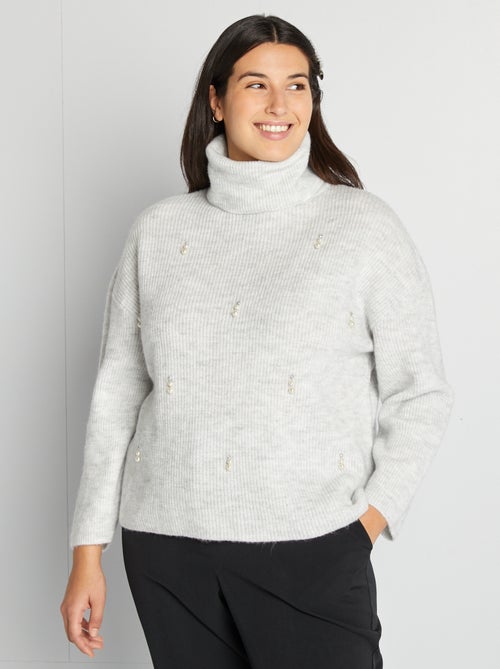 Camisola de gola alta em malha de tricô com pérolas de fantasia - Kiabi