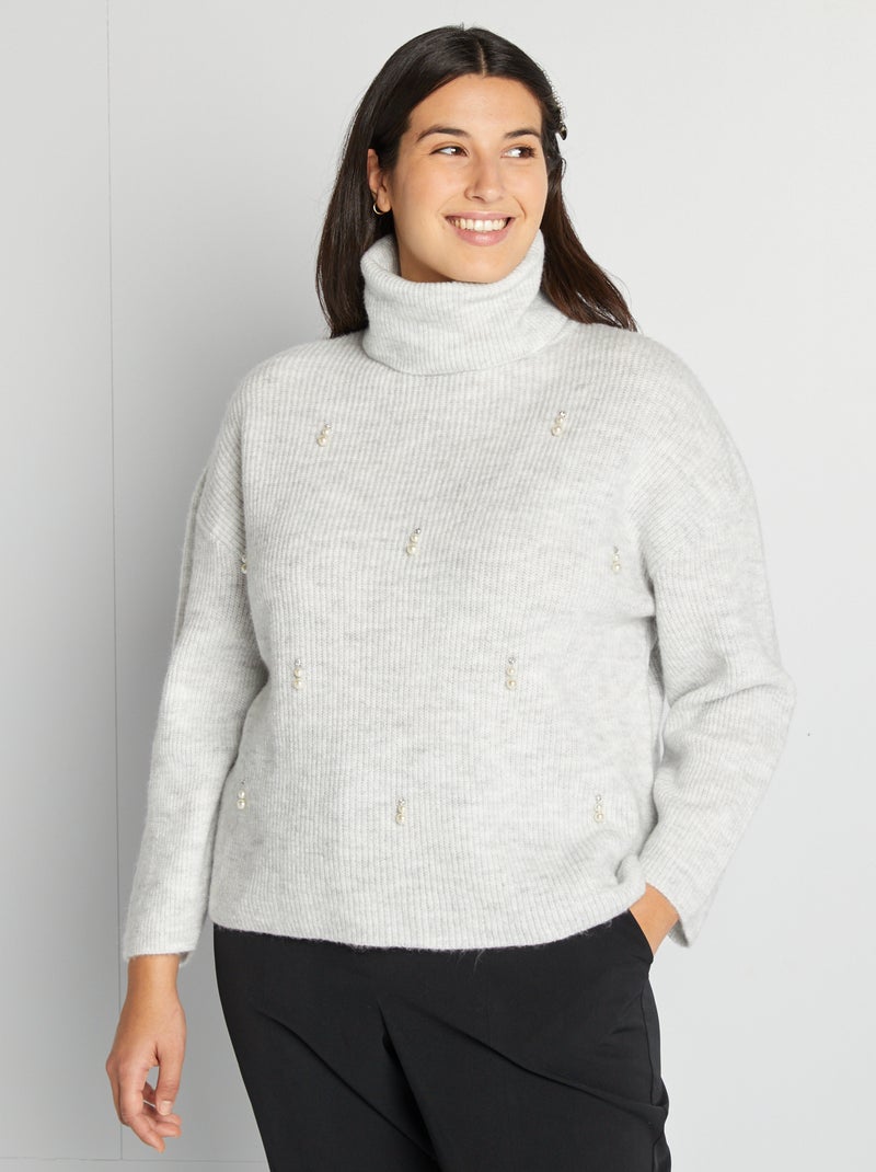 Camisola de gola alta em malha de tricô com pérolas de fantasia CINZA - Kiabi
