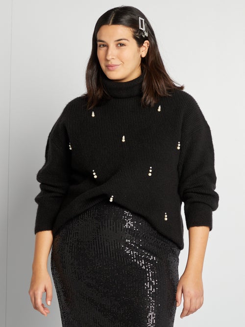 Camisola de gola alta em malha de tricô com pérolas de fantasia - Kiabi