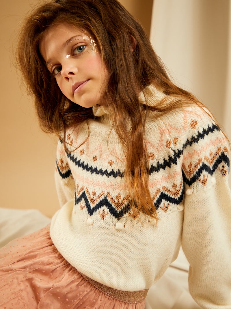 Camisola de gola alta em malha jacquard BRANCO - Kiabi