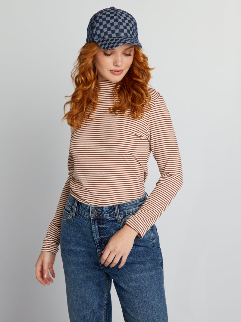 Camisola de gola alta em malha nervurada às riscas BRANCO - Kiabi