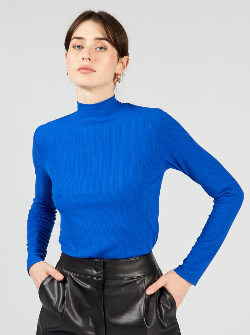 Camisola de gola alta em malha nervurada Azul - Kiabi