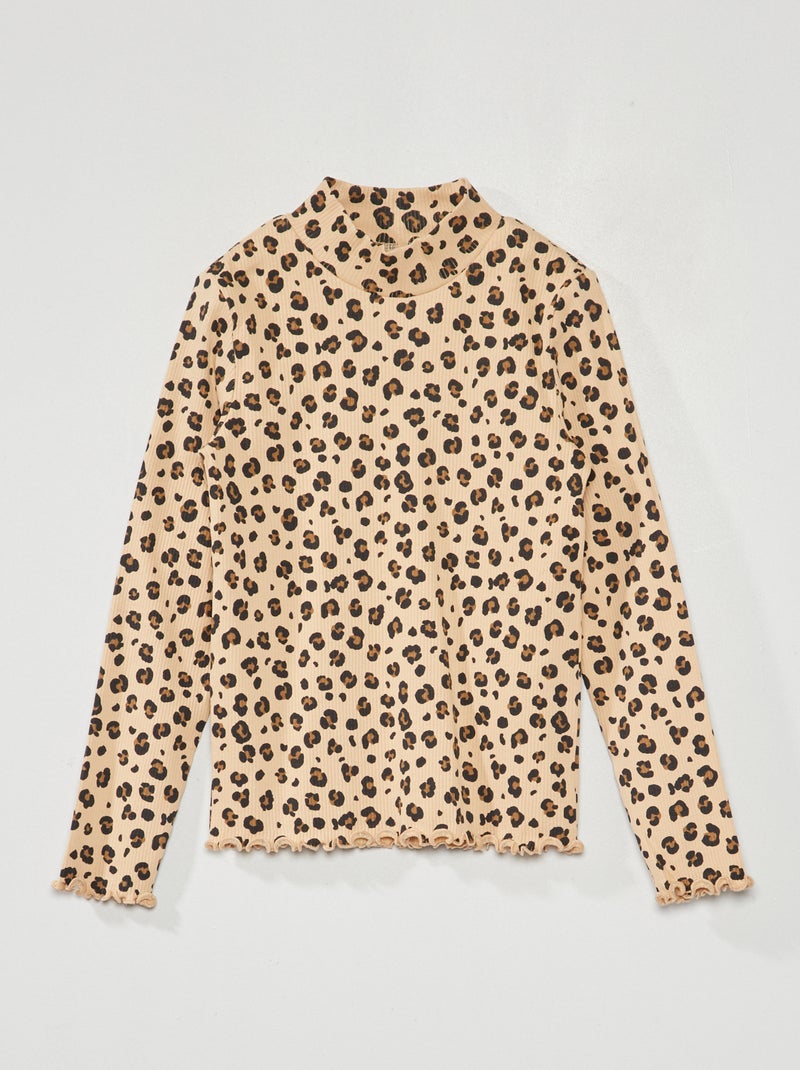 Camisola de gola alta em malha nervurada com estampado BEGE - Kiabi