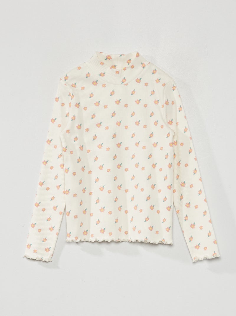 Camisola de gola alta em malha nervurada com estampado BRANCO - Kiabi