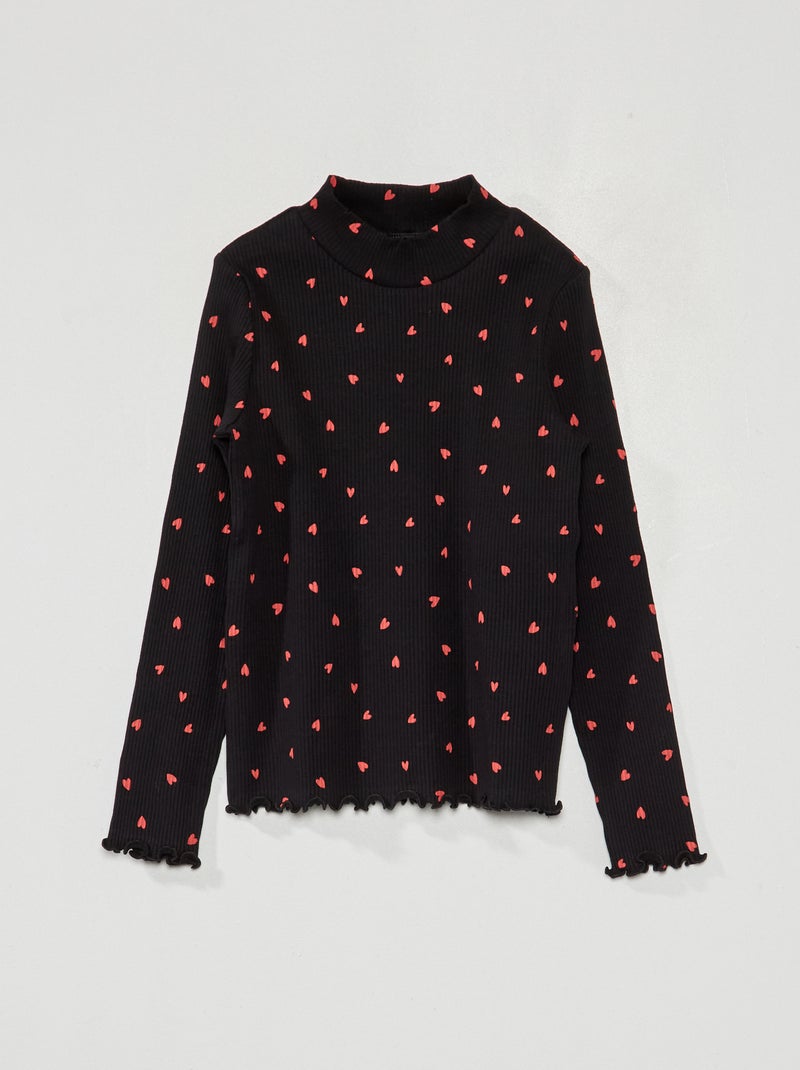 Camisola de gola alta em malha nervurada com estampado PRETO - Kiabi