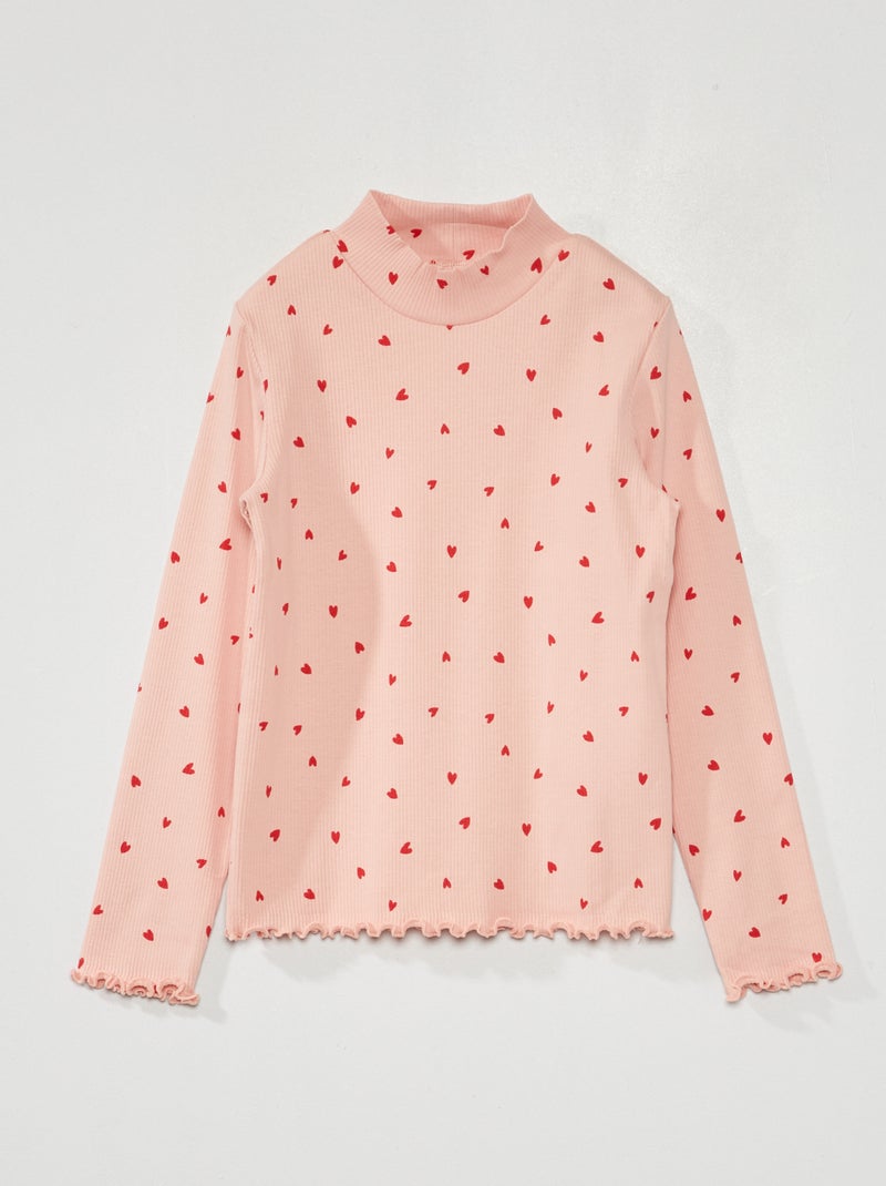 Camisola de gola alta em malha nervurada com estampado ROSA - Kiabi