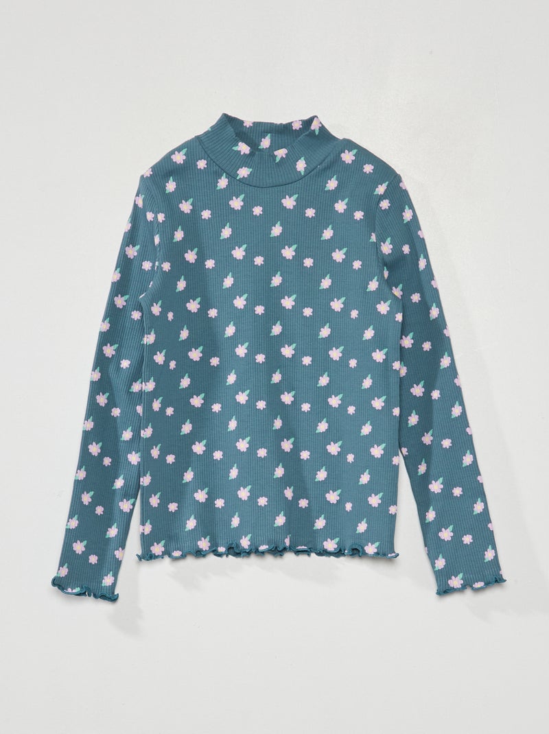 Camisola de gola alta em malha nervurada com estampado VERDE - Kiabi