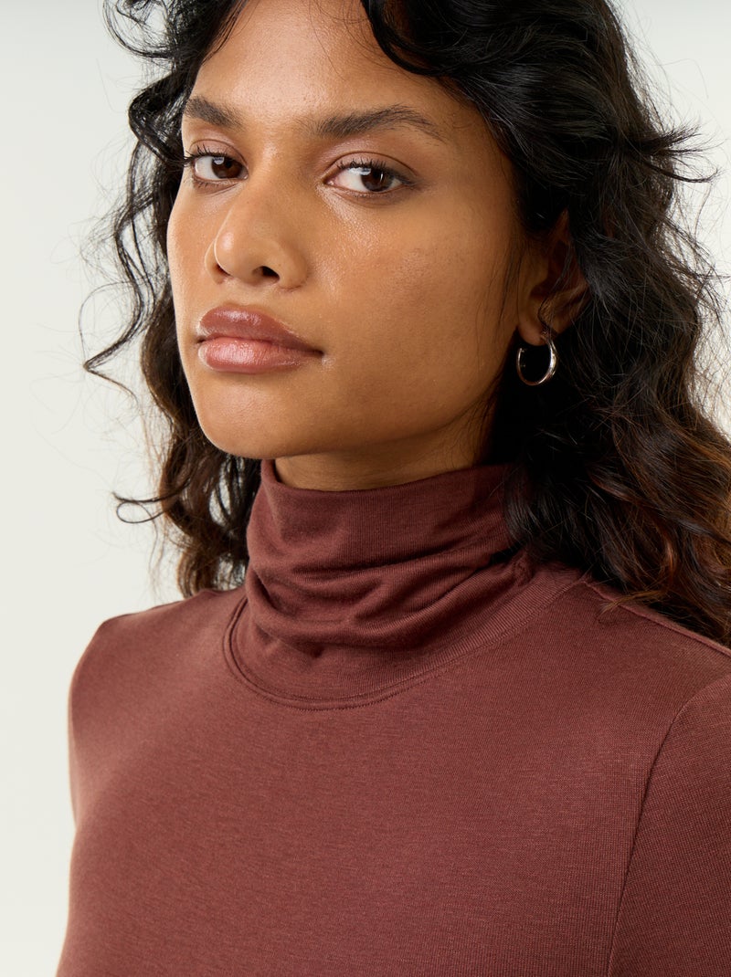 Camisola de gola alta lisa de lã misturada Castanho - Kiabi