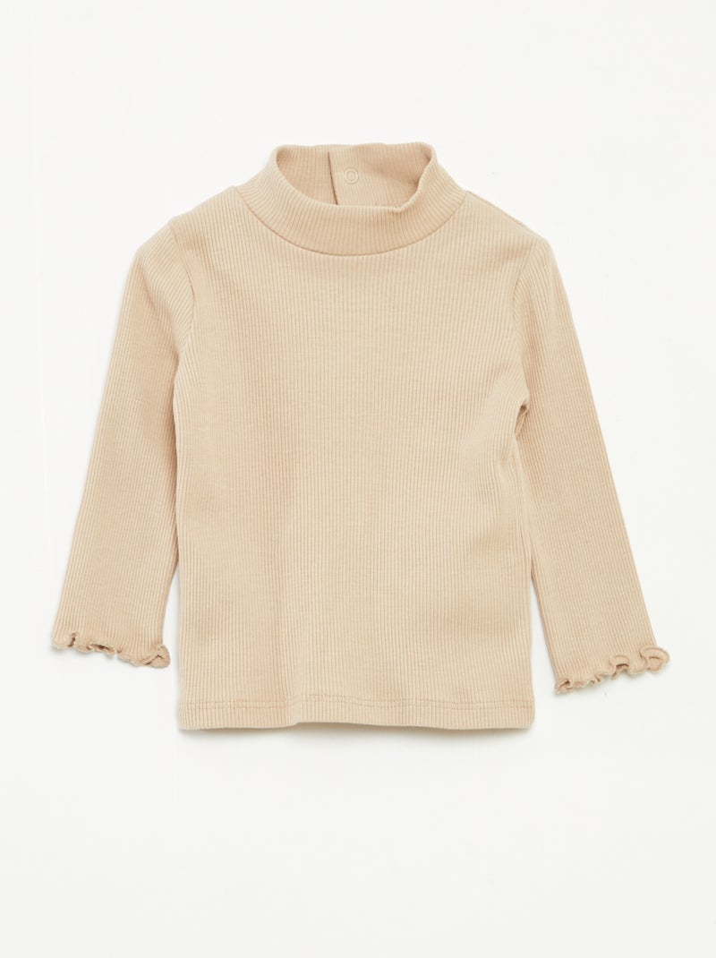 Camisola de gola alta nervurada e subida Bege - Kiabi