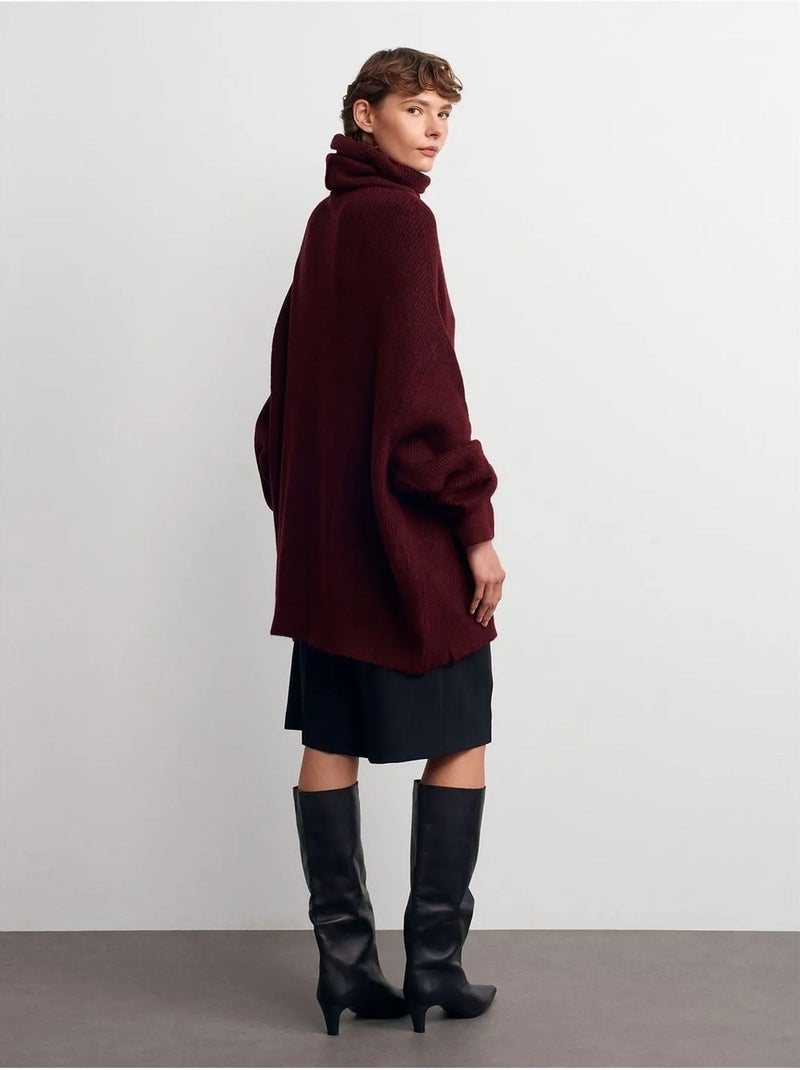 Camisola de gola alta oversized canelada Vermelho bordô - Kiabi