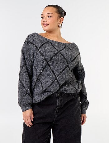 Camisola de gola barco com padrão argyle e strass