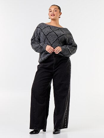 Camisola de gola barco com padrão argyle e strass