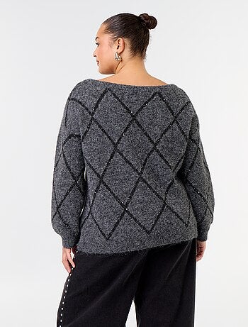 Camisola de gola barco com padrão argyle e strass