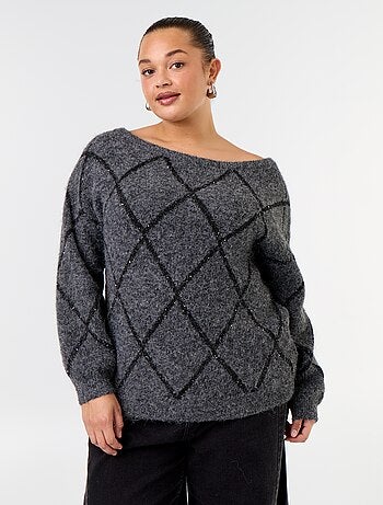 Camisola de gola barco com padrão argyle e strass