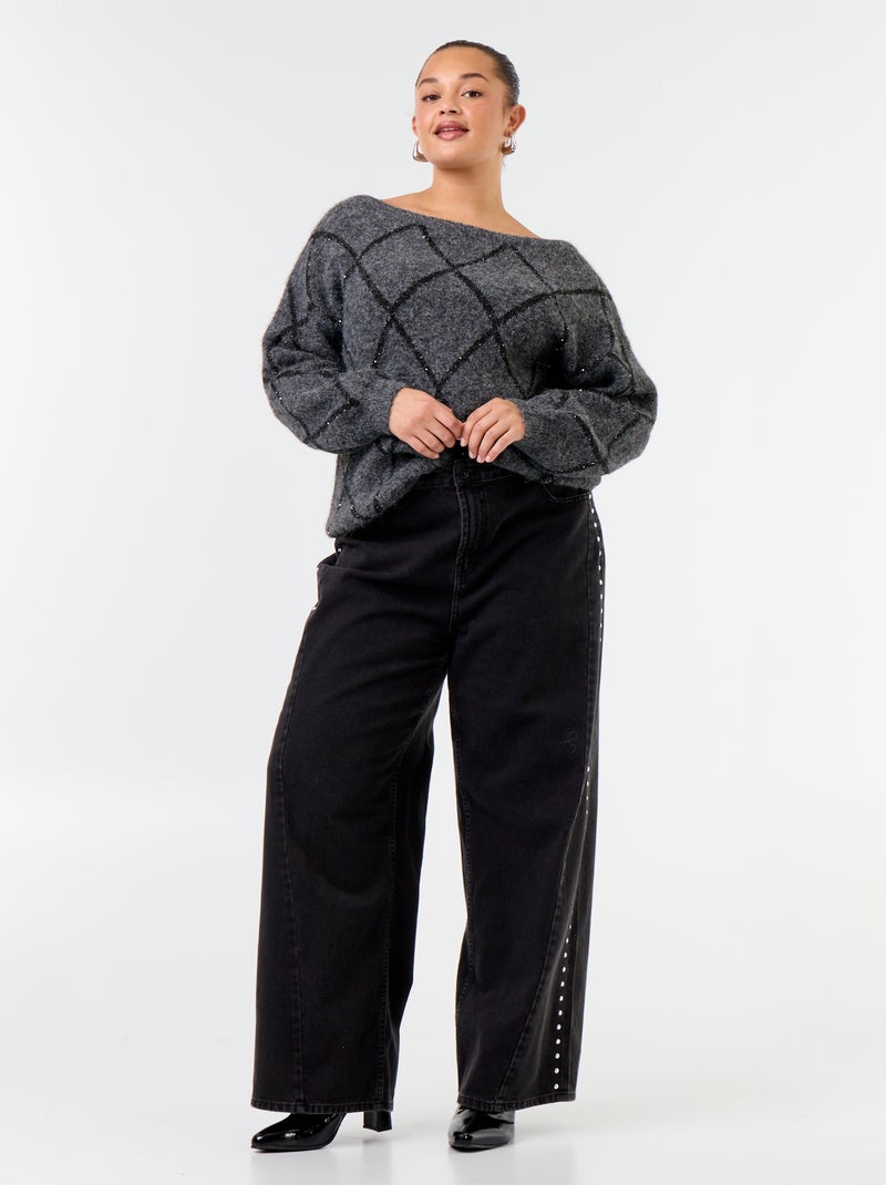 Camisola de gola barco com padrão argyle e strass Cinza - Kiabi