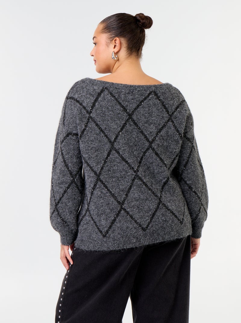 Camisola de gola barco com padrão argyle e strass Cinza - Kiabi