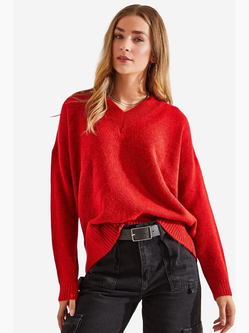 Camisola de gola em v e manga comprida lucci Vermelho - Kiabi