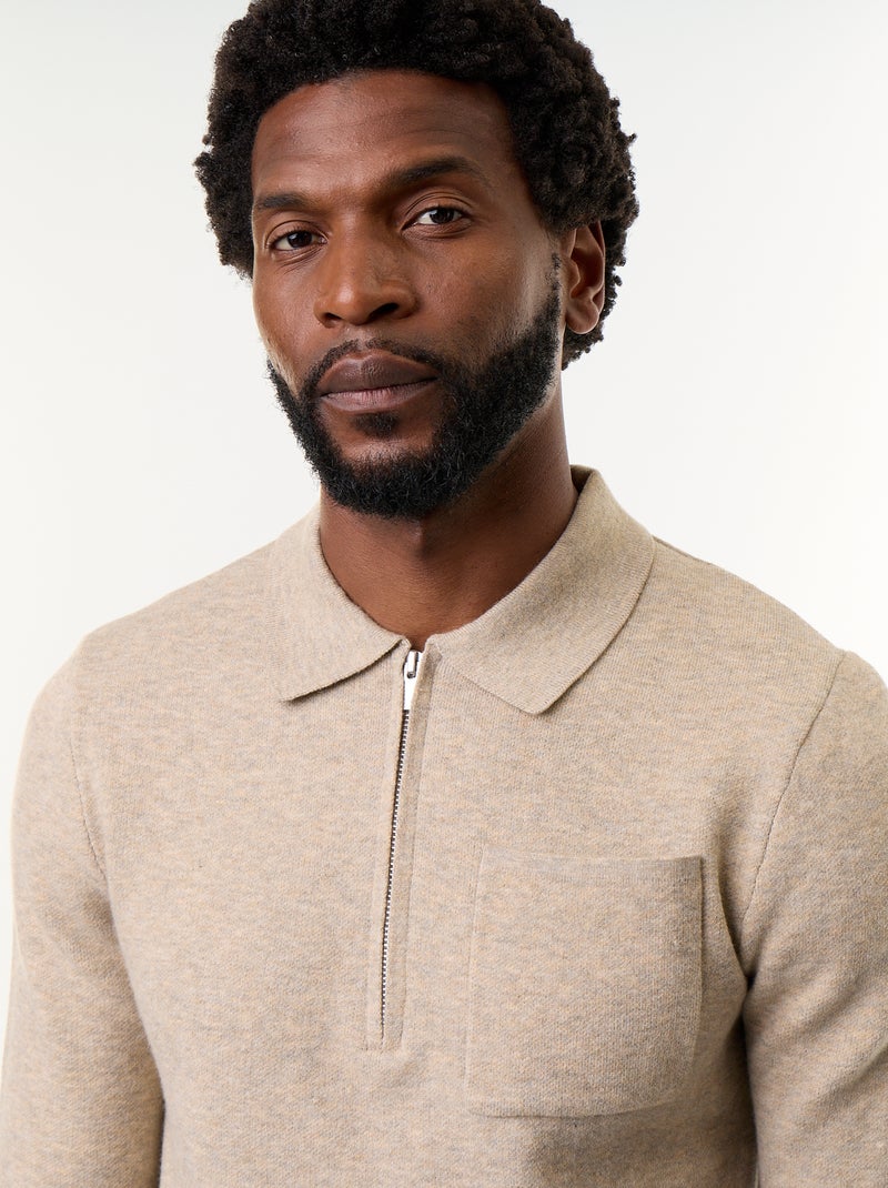Camisola de gola polo com fecho Bege - Kiabi