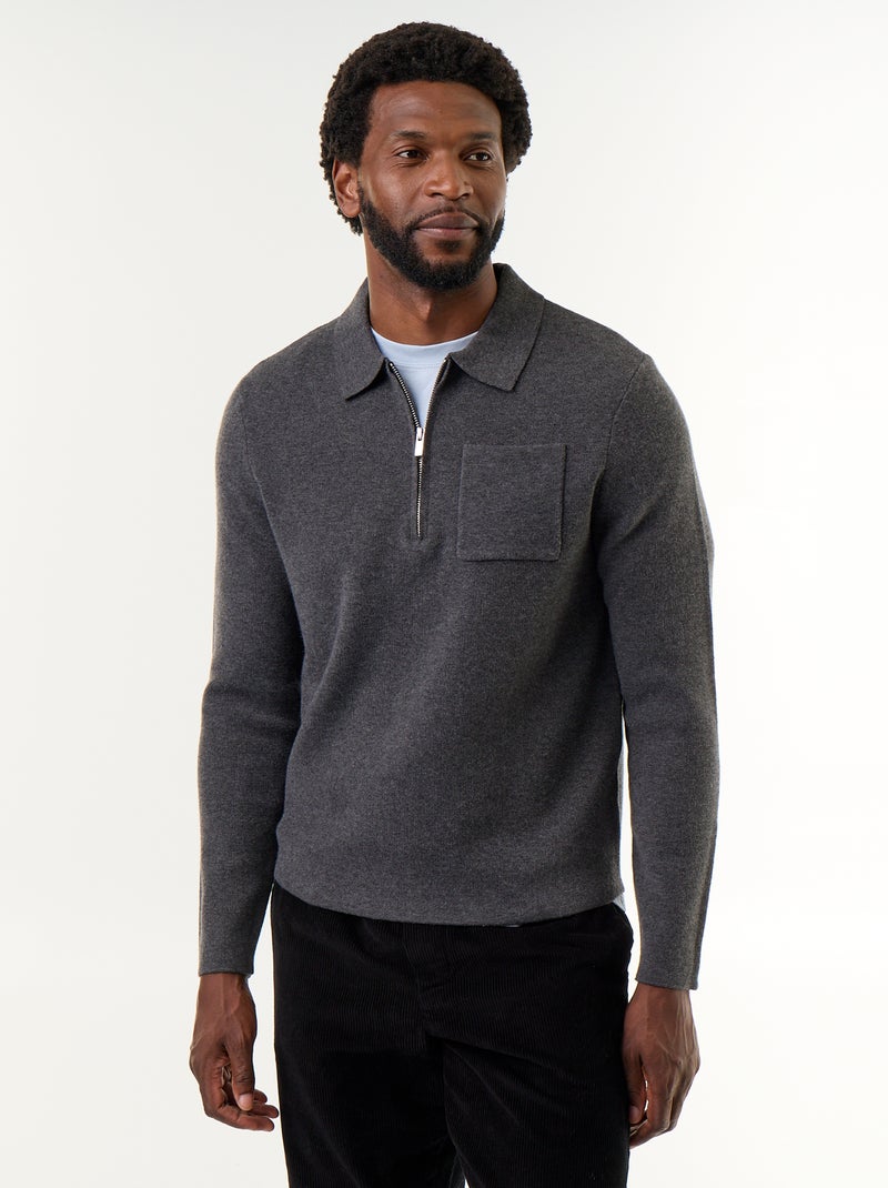 Camisola de gola polo com fecho Cinza - Kiabi