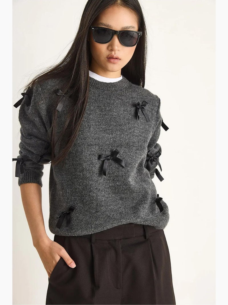 Camisola de gola redonda com detalhe de laço lucci Cinza-preto - Kiabi