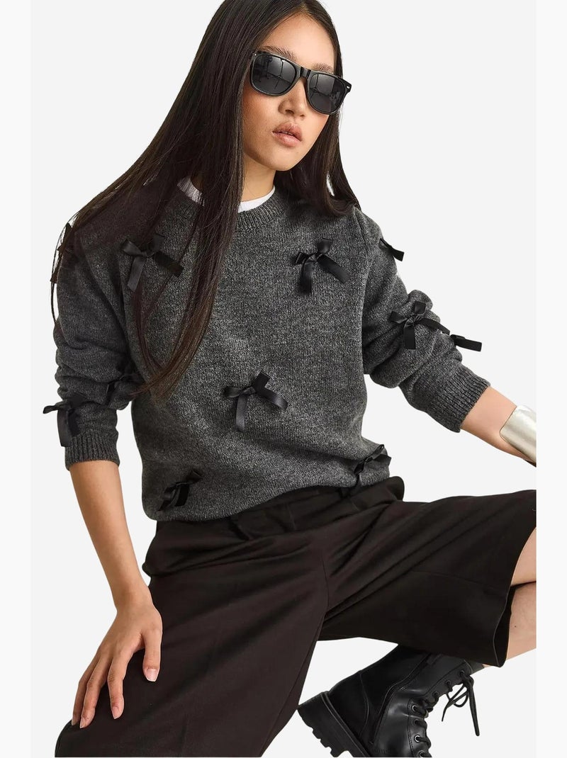 Camisola de gola redonda com detalhe de laço lucci Cinza-preto - Kiabi