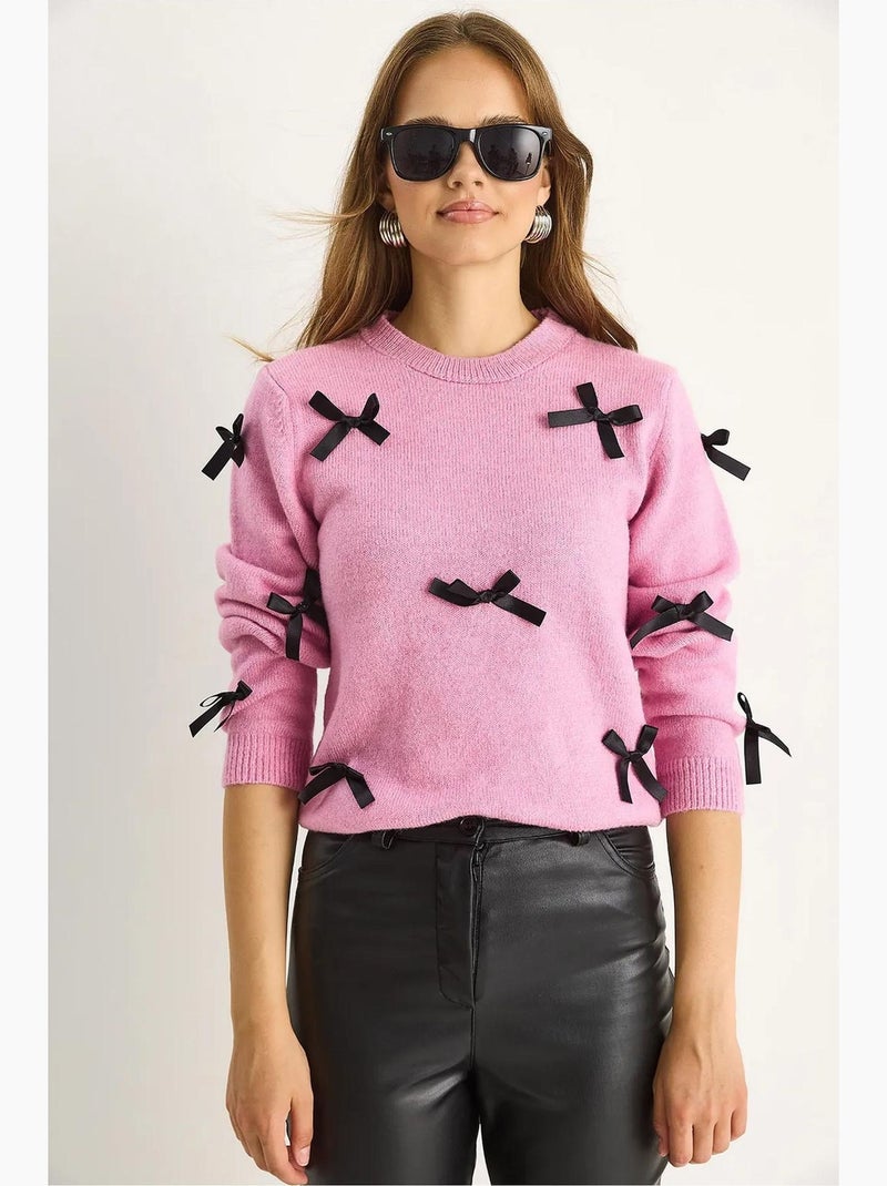 Camisola de gola redonda com detalhe de laço lucci Rosa-pálido - Kiabi