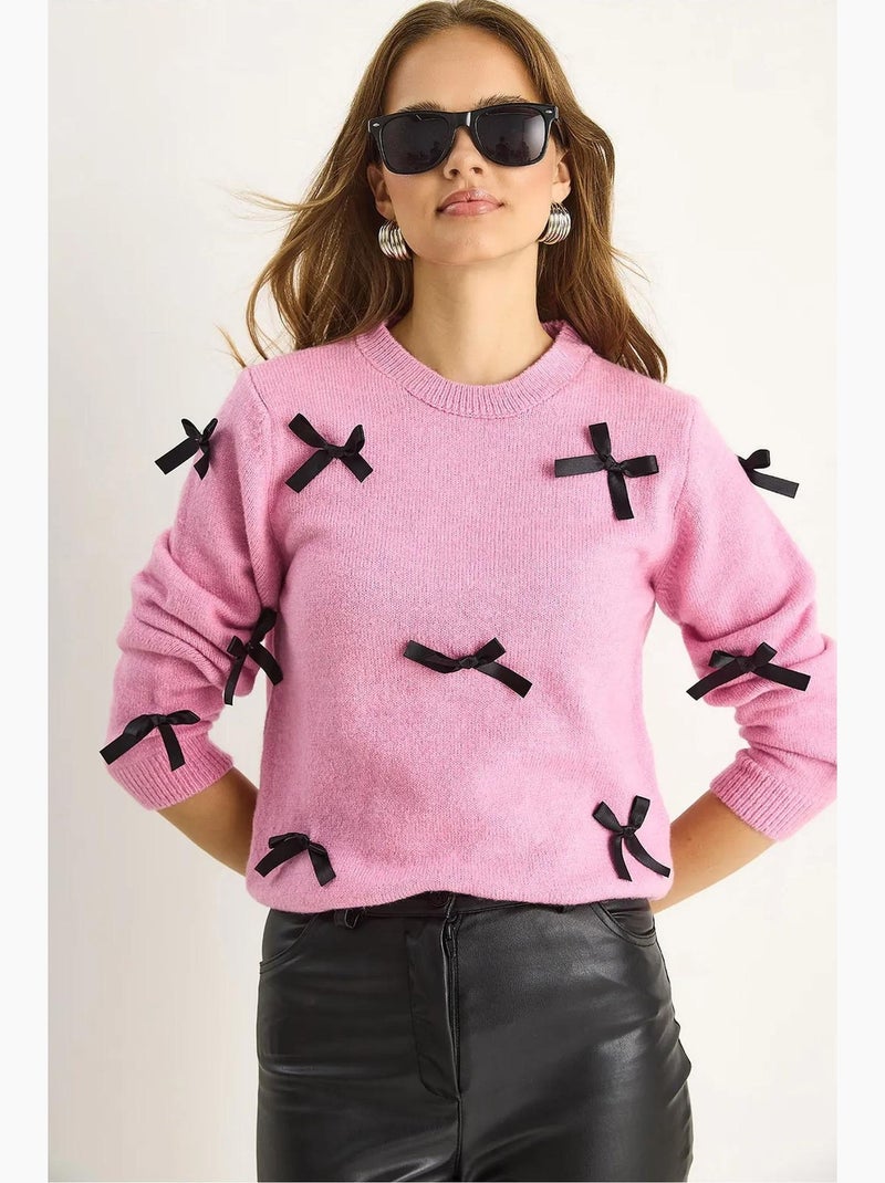 Camisola de gola redonda com detalhe de laço lucci Rosa-pálido - Kiabi