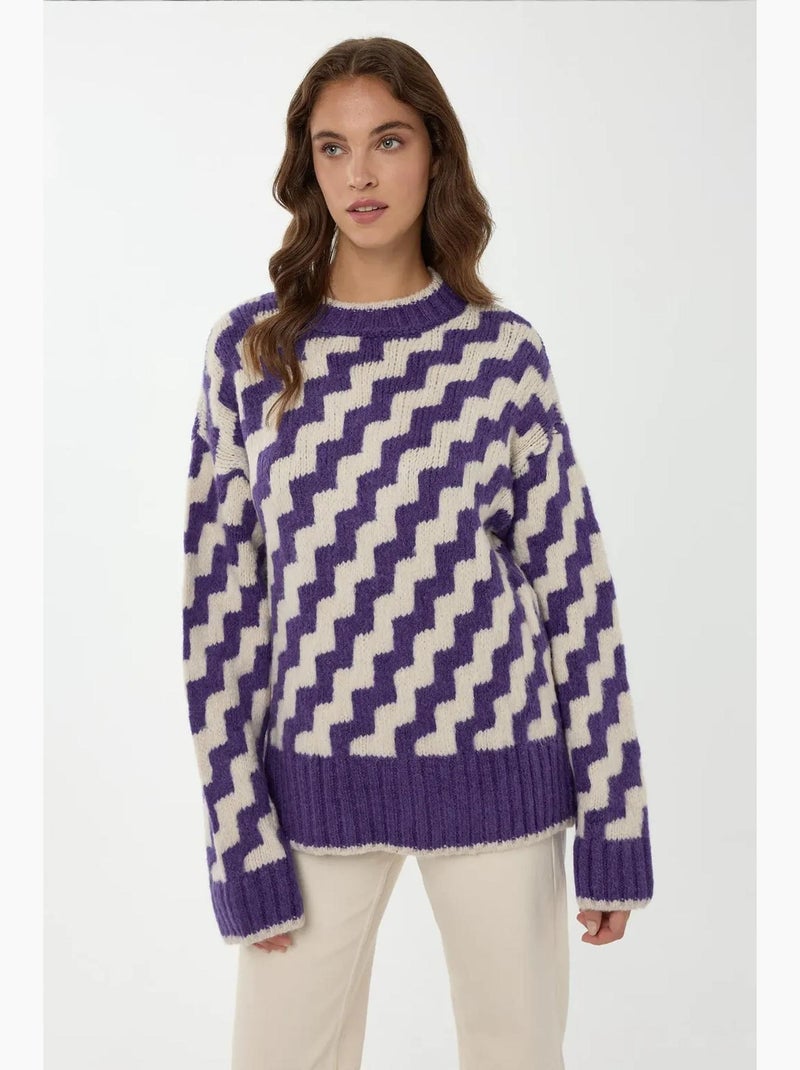 Camisola de gola redonda com padrão ziguezague hiccup Azul - Kiabi