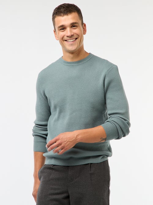 Camisola de gola redonda com textura waffle lisa - Kiabi