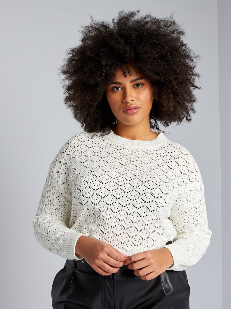Camisola de gola redonda de malha ajurada Branco - Kiabi