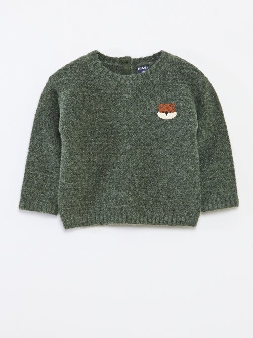 Camisola de gola redonda em malha com bordados no peito - Kiabi