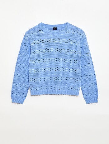 Camisola de gola redonda em malha fantasia com padrões perfurados em algodão