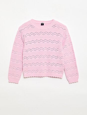 Camisola de gola redonda em malha fantasia com padrões perfurados em algodão
